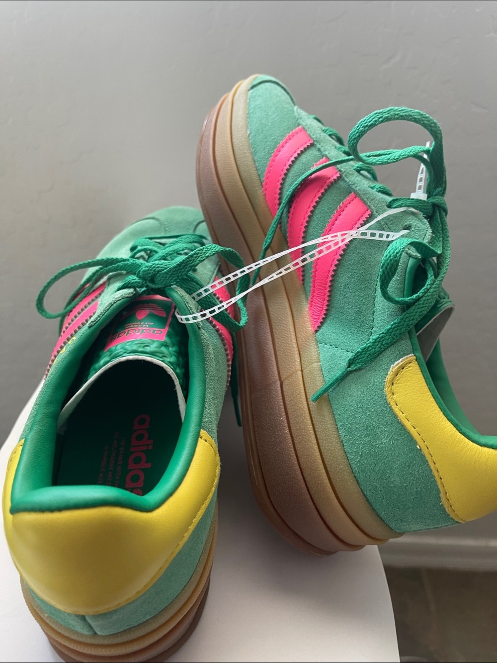 adidas Green Suede Sneakers with Pink Stripes and Yellow Heel - Picture 3 of 3